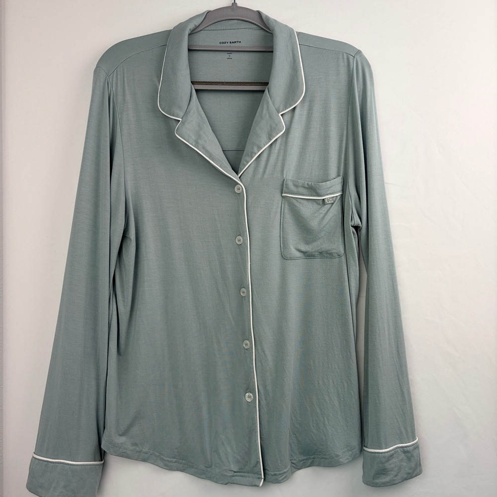 Cozy Earth Pajama Top Size Small Sage Green Bamboo Viscose Long Sleeve Button Up